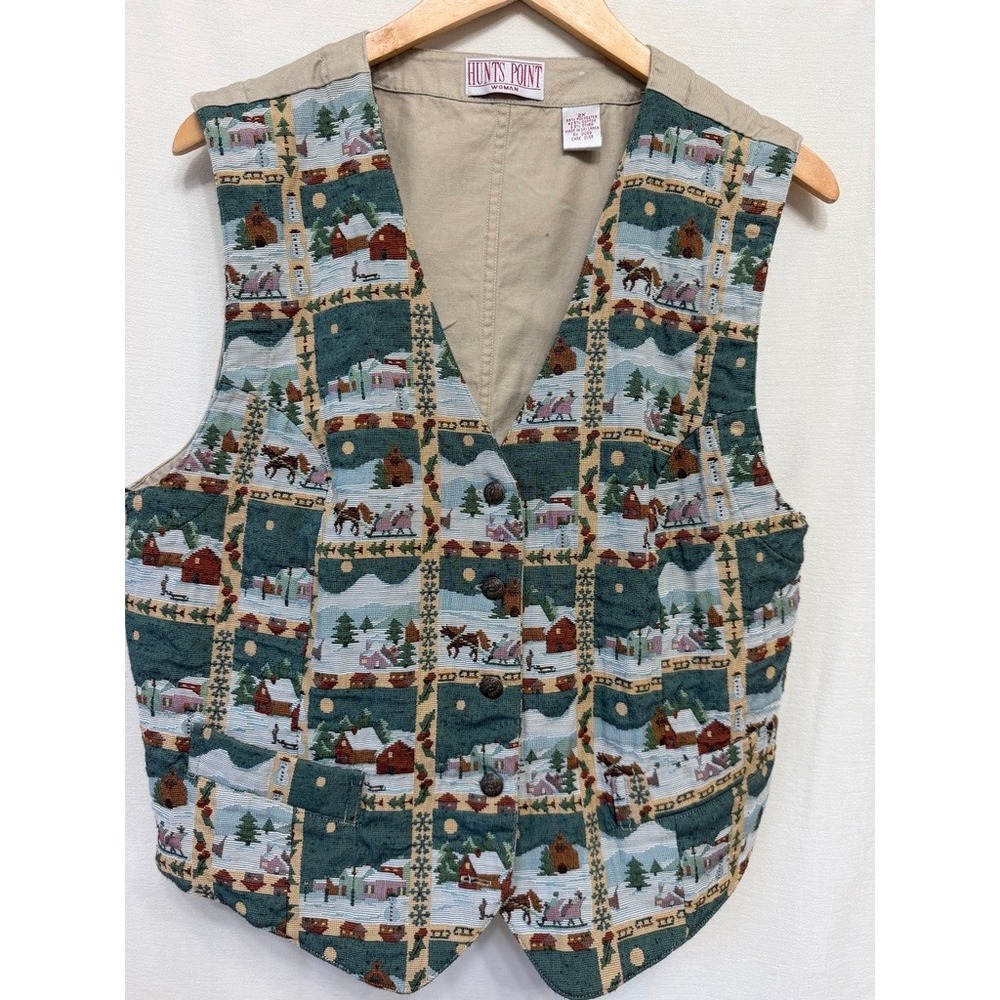 Vintage 90s Hunts Point Christmas Tapestry Vest Winter Landscape Chalet 2XL